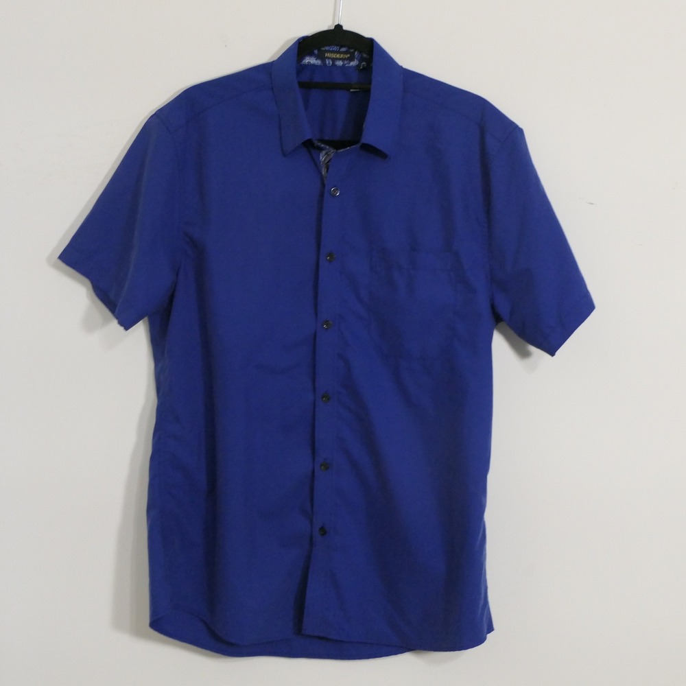 Hisdern Men Shirt M Blue Short Sleeve Button Down Paisley Trim Preppy Minimalist